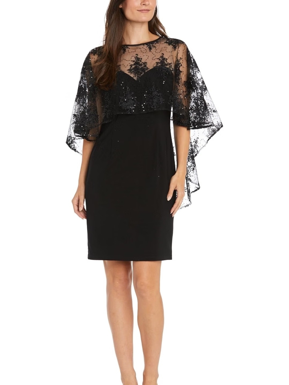 R&M Richards Black Sequin Lace Capelet Sheath Dress